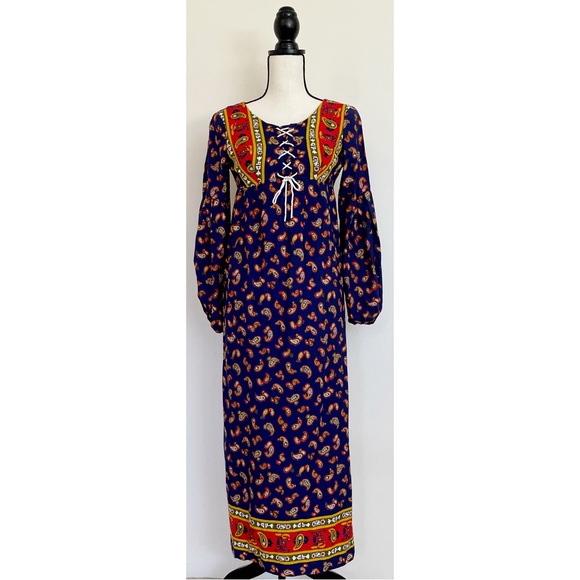 Vintage 70s Paisley Corset Empire Waist Maxi Dress - Picture 1 of 7